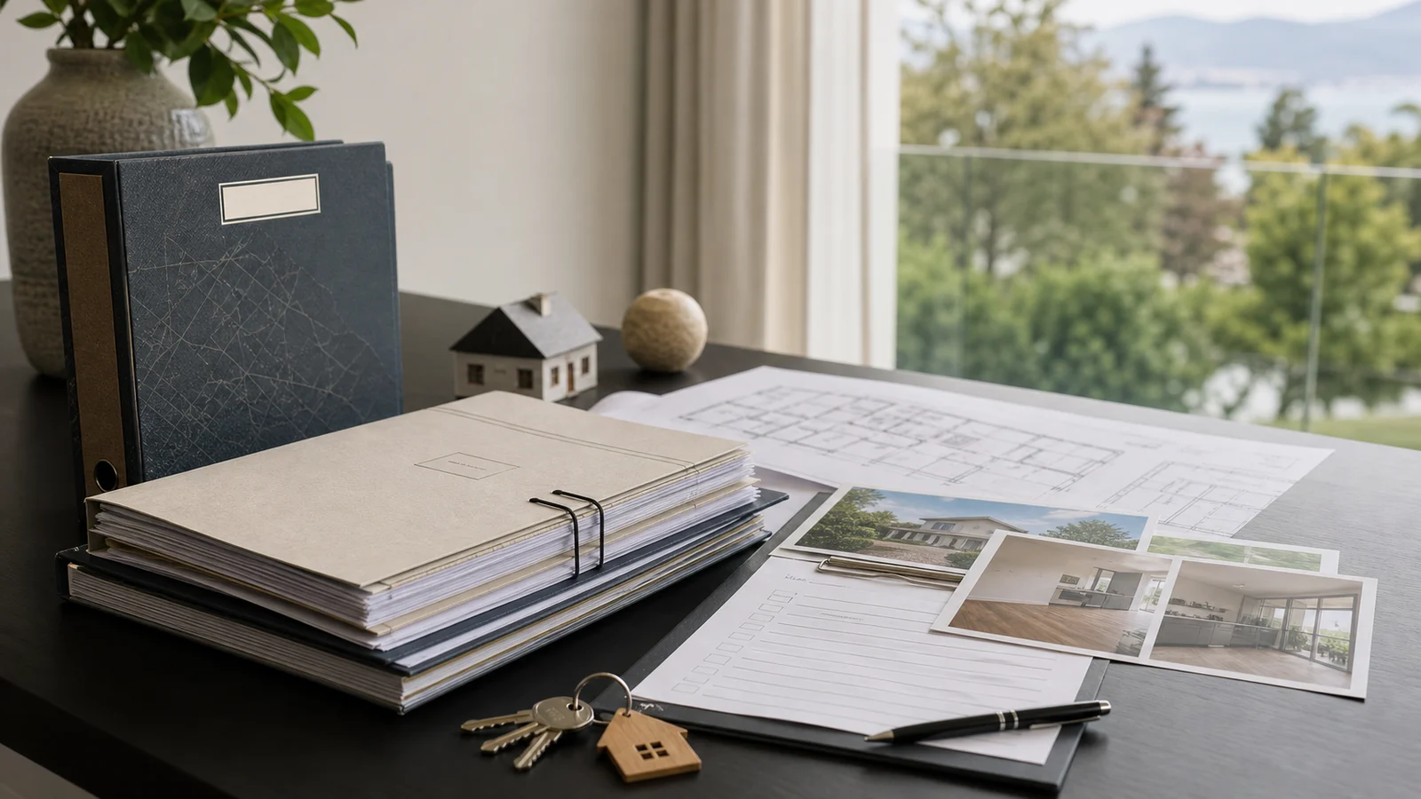 Dossier immobilier suisse organisé avec plans et documents de vente